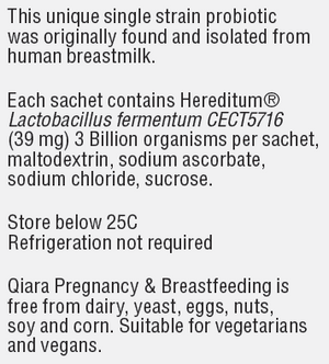 Supplement facts for Qiara Pregnancy & Breastfeeding listing ingredients including Lactobacillus, Lactobacillus fermentum, Maltodextrin resistant, Sodium, Sucrose