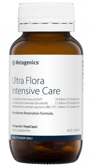 A Supplement container with the name Ultra Flora Intensive Care (60 Vegecaps) by Metagenics