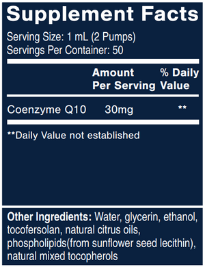 Supplement facts for CoQ10 Nanoemulsified (30mg) - liposomal listing ingredients including Co-Enzyme Q-10, Ethanol, Glycine, Helichrysum Hydrosol, Indian Frankincense