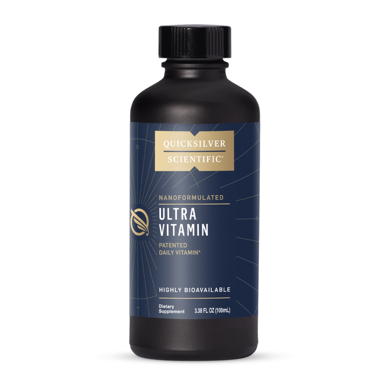 A supplement bottle called Ultra Vitamin by Quick SIlver.