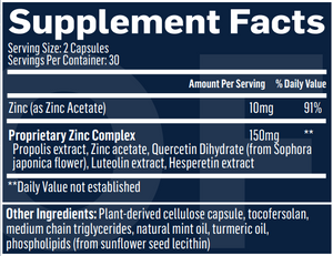 Supplement facts for Immune Charge+ Zinc Ionophore listing ingredients including Bee propolis, Hesperetin, Japanese pagoda tree (Sophora japonica), Luteolin, Quercetin dihydrate