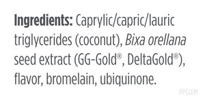 Supplement facts for PerioPull™ listing ingredients including Ananas comosus, Bixa orellana, Bromelain, Caprylic acid, Coconut
