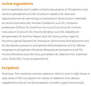 Supplement facts for Cerebrum Compostium Tablets 50 listing ingredients including Anacardium Orientale, Arnica montana, China root (Smilax china), Collagen peptides porcine, Collagen porcine