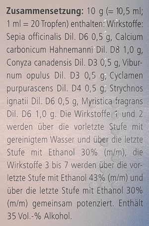 Supplement facts for Hormeel S Drops 30mL listing ingredients including Calcium, Cramp Bark, Myristica fragrans, Sepia (Sepia officinalis)