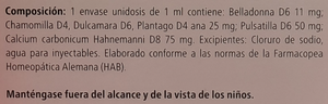 Supplement facts for Viburcol Drops 15 Phials listing ingredients including Belladonna, Calcium, Chamomile, Matricaria Recutita, Pasqueflower (Pulsatilla pratensis)