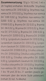 Supplement facts for Nux Vomica Homaccord Drops listing ingredients including Nux vomica, White Bryony