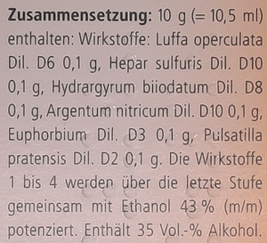 Supplement facts for Euphorbium Comps Drops 30mL listing ingredients including Argentum Nitricum, Ethanol, Luffa Operculata, Pasqueflower (Pulsatilla pratensis)