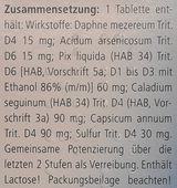 Supplement facts for Sulfor Heel Tablets 50 listing ingredients including Capsicum annum, Sulfur