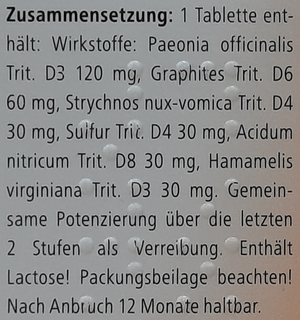 Supplement facts for Paeonia Comp Heel Tablets 50 listing ingredients including Althaea officinalis, Graphites, Nux vomica, Sulfur, Uricum Acidum