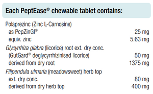 Supplement facts for PeptEase 60 Chewable Tablets listing ingredients including Carnosine, Carnosine (L-Carnosine), Filipendula Ulmaria, Glycyrrhiza glabra, Licorice