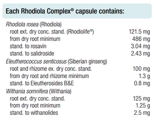 Supplement facts for Rhodiola Complex 60 Capsules listing ingredients including Ashwagandha (Withania somnifera), Eleutherococcus Senitcosus, Rhodiola (Rhodiola rosea), Siberian ginseng, Siberian ginseng (Eleutherococcus senticosus)