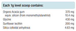 Supplement facts for Silicium 60g Powder listing ingredients including Acacia, Colloidal silicon dioxide, Glycine, Silicon dioxide, Sunflower lecithin