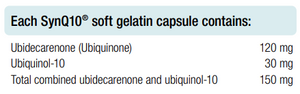 Supplement facts for SynQ10 60 Capsules listing ingredients including Coenzyme Q10 (ubiquinol), Coenzyme Q10 (ubiquinone)