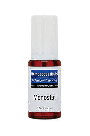 A supplement container of Menostat Spray 20ml by BioMedica Homoeoceuticals