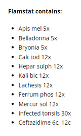 Supplement facts for Flamstat Spray 20ml listing ingredients including White Bryony