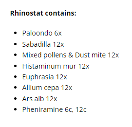 Supplement facts for Rhinostat Spray 20ml listing ingredients including Euphrasia Officinalis, Onion (Allium Cepa)