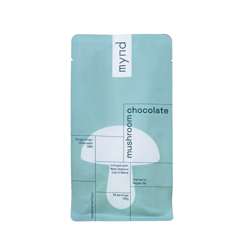 Mushroom chocolate package with 'Mynd' branding on a white background