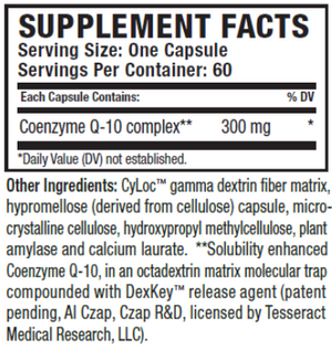 Supplement facts for CoQ10 Pro listing ingredients including Co-Enzyme Q-10, Dextrin, Fiber