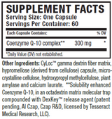 Supplement facts for CoQ10 Pro listing ingredients including Co-Enzyme Q-10, Dextrin, Fiber