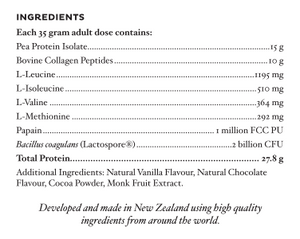Supplement facts for Good Gut Collagen Protein Refill listing ingredients including Bacillus Coagulans, Bovine Collagen Peptides, Cacao, Cocao extract, Isoleucine (L-Isoleucine)