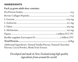 Supplement facts for Good Gut Collagen Protein Refill listing ingredients including Bacillus Coagulans, Bovine Collagen Peptides, Cacao, Cocao extract, Isoleucine (L-Isoleucine)