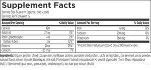 Supplement facts for Phytotein™ Chocolate (Discontinued) listing ingredients including Acacia, Cocoa Powder, Guar Gum, Luo han guo extract, Phytosweet