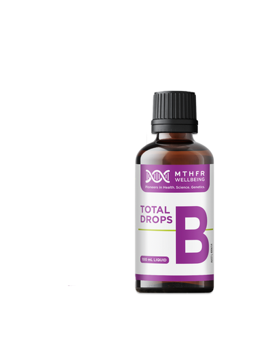 A supplement bottle with the name Total B Drops by MTHFR