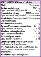 Text listing the ingredients including Biotin, Calcium pantothenate, Levomefolate calcium, Mecobalamin, Nicotinamide, Pyridoxal 5 phosphate monohydrate, riboflavin sodium phosphate, thiamine hydrochloride