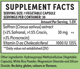 Supplement facts for Brighter Mood listing ingredients including Affron, Cholecalciferol, Crocus sativus, Crocus sativus stigmas, Saffron (Crocus sativus)