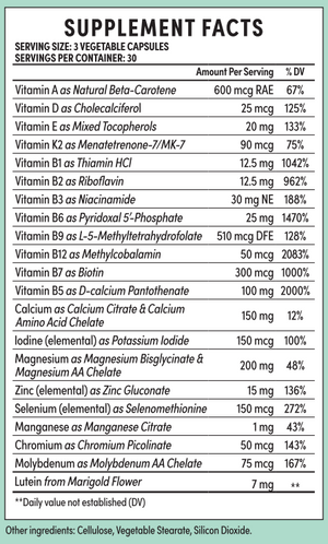 Supplement facts for Take Me With The Pill listing ingredients including Beta carotene, Biotin, Calcium, Calcium Pantothanate, Calcium amino acid chelate