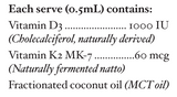 Supplement facts for Vit D Restore Liquid listing ingredients including Cholecalciferol, Coconut oil, Mct oil, Natto, Vitamin D3