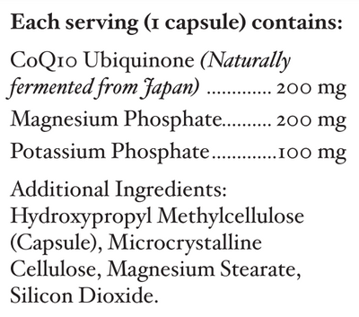 Supplement facts for CoQ10 30c listing ingredients including Co-Enzyme Q-10, Coenzyme Q10 (ubiquinone), Magnesium phosphate, Potassium phosphate