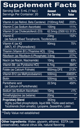 Text listing the ingredients including Vitamin A, Retinol, Beta Carotene, Vitamin C, Sodium Ascorbate, Vitamin  D, Cholecalcoferol, D3, Vitamin E, Tocofersolan, Vitamin k2, mk7, Thiamin, Vitamin b1, Thiamine HCI, Riboflavin, Niacin, Niacinamide, Vitamin b6, Pyridoxine HCI, Folate, Calcium folinate, Vitamin b12, Methylcobalamin, Biotin, Pantothenic acid, Calcium d-pantothenate, Sodium ascorbate, Tmg, Trimethylglycine, betaine, Milk thistle, annatto, Lycopene, Zeaxanthin, Lutein.