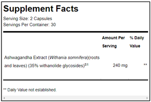 Supplement facts for Ashwagandha 35 60 Capsules listing ingredients including Ashwagandha, Ashwagandha (Withania somnifera), Withanolide glycosides