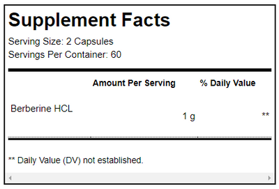 Text describing the ingredients: Berberine HCL 1g.