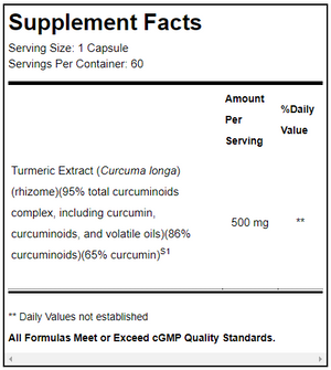 Supplement facts for CurcuPlex-95™ 60 Capsules listing ingredients including Curcuma Longa, Curcumin, Curcuminoid Powder, Turmeric (Curcuma longa)