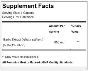 Supplement facts for GarliX™ 90 Capsules listing ingredients including Age Garlic Extract, Allicin, Allium sativum, Garlic extract