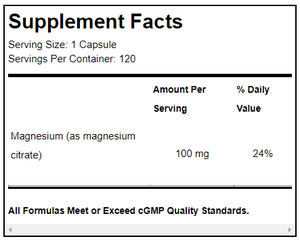 Supplement facts for Magnesium Citrate 120 Capsules listing ingredients including Magnesium citrate
