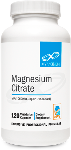 A supplement container of Magnesium Citrate 120 Capsules by Xymogen