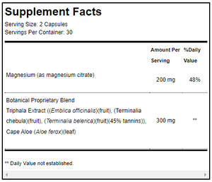 Supplement facts for ColonX™ 60 Capsules listing ingredients including Amla, Chebulic myrobalan (Terminalia chebula), Emblica officinalis, Magnesium citrate
