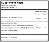 Supplement facts for ColonX™ 60 Capsules listing ingredients including Amla, Chebulic myrobalan (Terminalia chebula), Emblica officinalis, Magnesium citrate