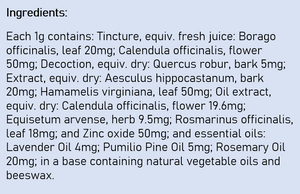 Supplement facts for Haemorrhoidal Ointment listing ingredients including Althaea officinalis, Angustifolia, Beeswax, Borage, Borage Oil
