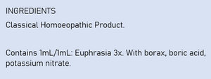 Supplement facts for Euphrasia 3x Eyedrops listing ingredients including Borax, Boric Acid, Potassium