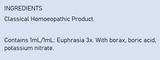 Supplement facts for Euphrasia 3x Eyedrops listing ingredients including Borax, Boric Acid, Potassium