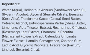 Supplement facts for Skin Food Light 75mL listing ingredients including Althaea officinalis, Beeswax, Cacao, Calendula Extract, Caprylic acid