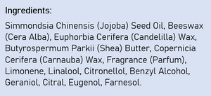 Supplement facts for Everon Lip Balm listing ingredients including Beeswax, Eugenol, Jojoba Oil, Limonene, Linalool