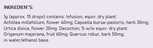 Supplement facts for Menodoron, 100ml listing ingredients including Marjoram Oil, Nettle extract, Shepherd's Purse, Shepherd’s Purse, Urtica Urens
