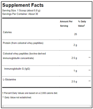 Supplement facts for GI Protect™ Peach Sugar- & Stevia-Free (Discontinued) listing ingredients including  Alpha-casozepine, Bone broth, Bovine Collagen Peptides, Glutamine (L-Glutamine), Hemp Extract