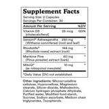 Ingredients: Vitamin D3, Sensoril Ashwagandha, Rhodiolife, Maritime Pine, MitoQ