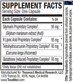 Supplement facts for HepatiSafe® listing ingredients including Alpha Lipoic Acid R Form, Curcuma Longa, Glutathione, Glutathione, Lipoic acid